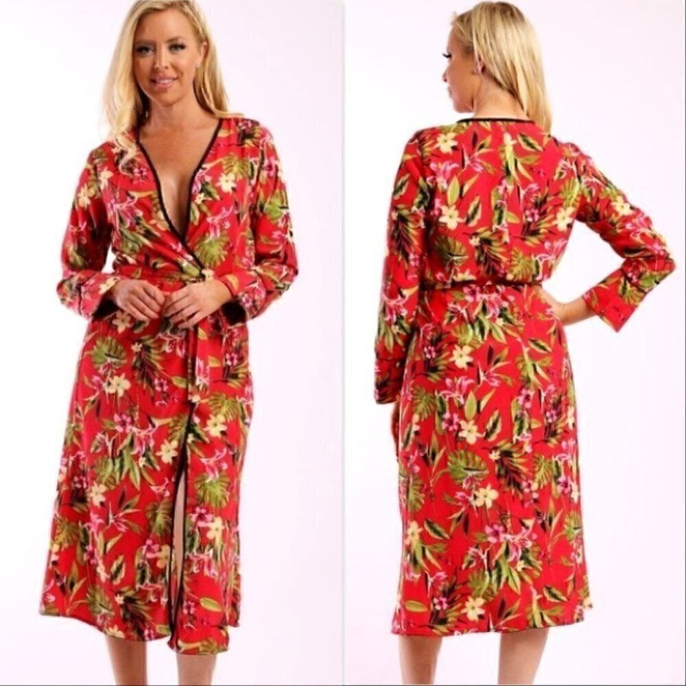RED FLORAL DUSTER CARDIGAN